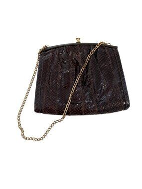 La Belle Vintage Brown Snake Leather Clutch Purse With Gold Chain Strap And Fram